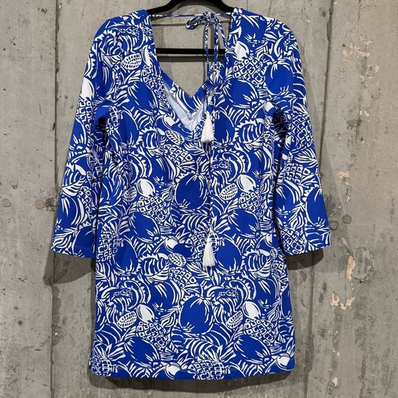 Persifor Large Pineapple V-Neck Shift Mini Dress Resort Preppy Vacation Beach - Picture 2 of 7